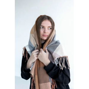 Велика коричнева кашемірова хустка косинка в клітину CASHMERE. Photo 3